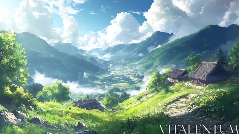 Mountain valley village landscape stretches under bright clouds