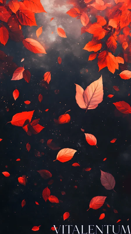 Crimson autumn leaves drift like sparks across midnight