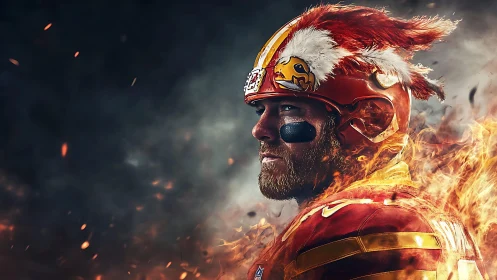 Fiery gridiron warrior in plumed helmet amid stormy smoke.