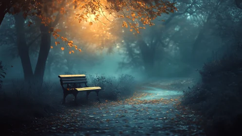 Foggy forest path with empty bench under warm backlight