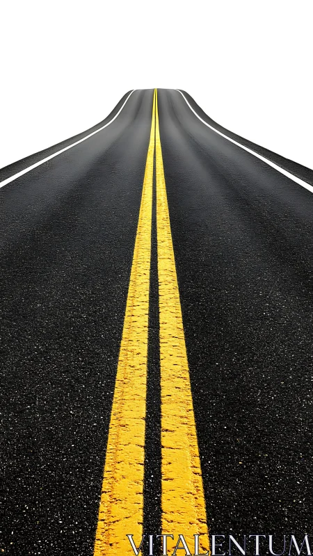Straight asphalt road with double yellow centerline extends upward