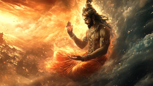 Seated mythic figure in fiery clouds above distant cityscape.