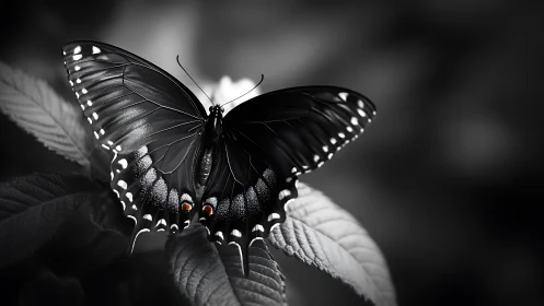 Monochrome close-up of black butterfly on foliage.