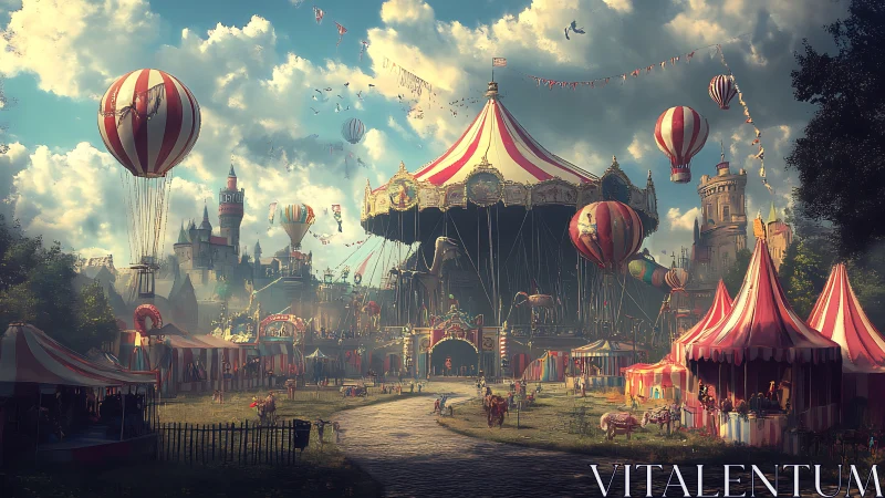 Whimsical steampunk carnival beneath drifting balloons.