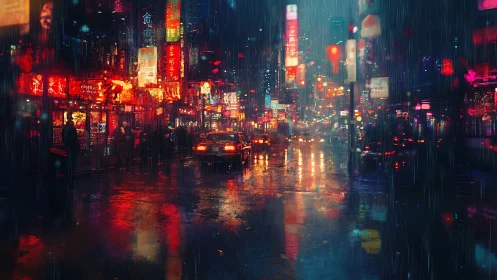 Rain-soaked neon city street scene is observed at night