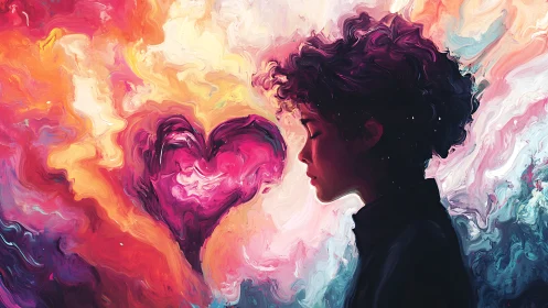 Silhouette Profile with Luminous Heart in Fluid Abstract Gradient.