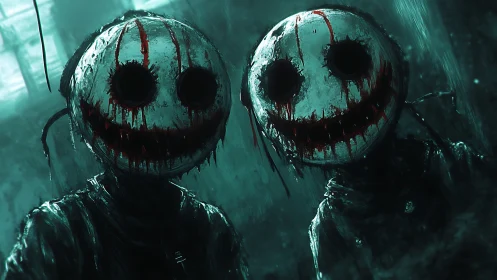 Bloodstained doll masks glare through teal industrial rain.