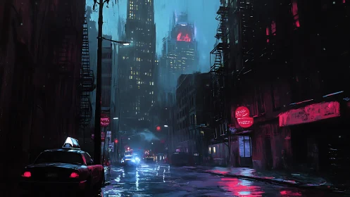 Rain-soaked neon city street glows under midnight storm.