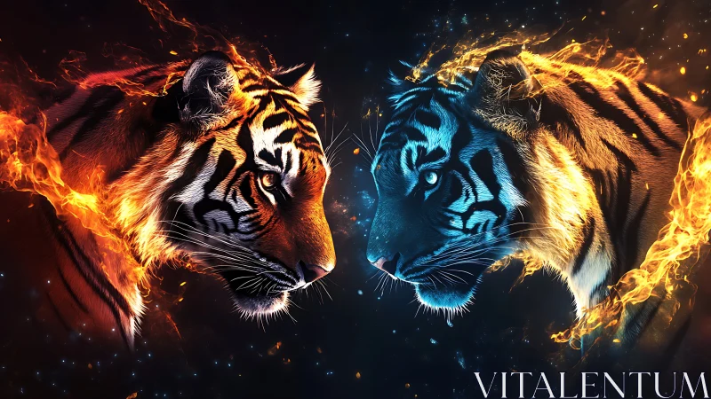 Two Tigers Face to Face with Flame Effects