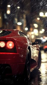 Red supercar rear in rain on glossy night city street.