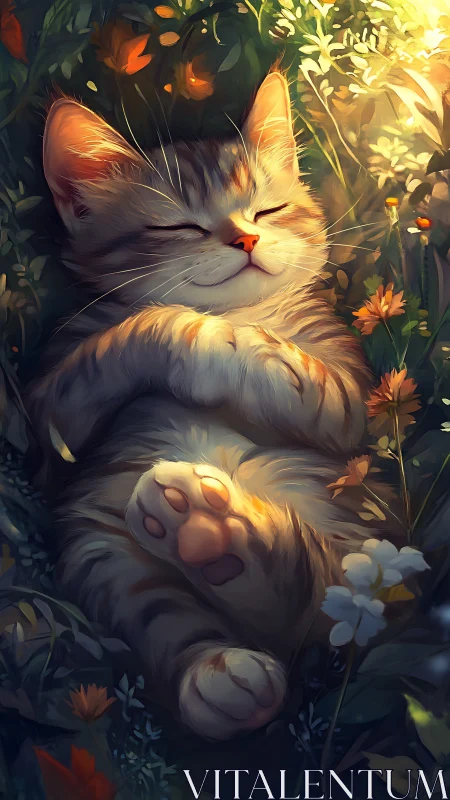 Feline Subject in Dappled Golden Illumination Amid Floral Arrangement.