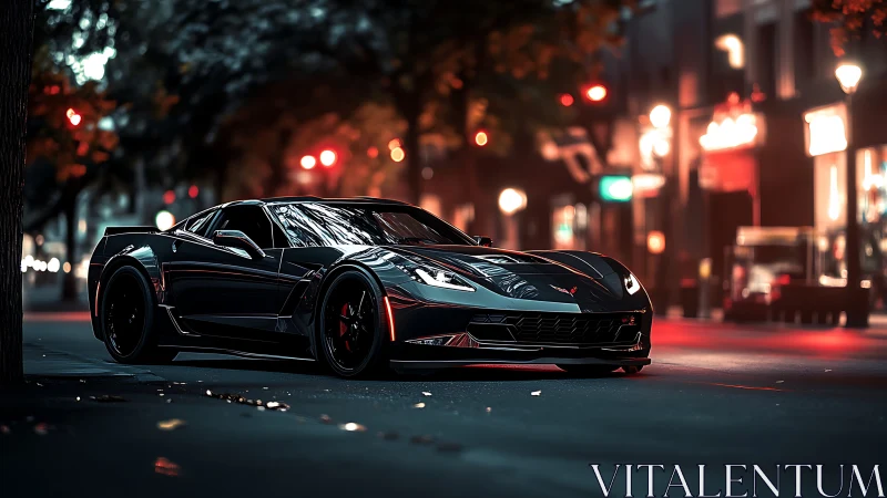 Black sports car parked on empty neon city street at night.