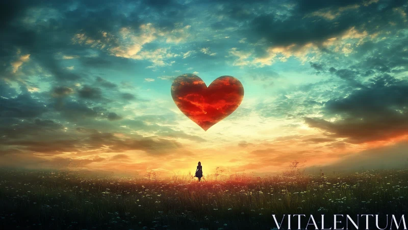 Solitary figure beneath luminous heart in twilight landscape