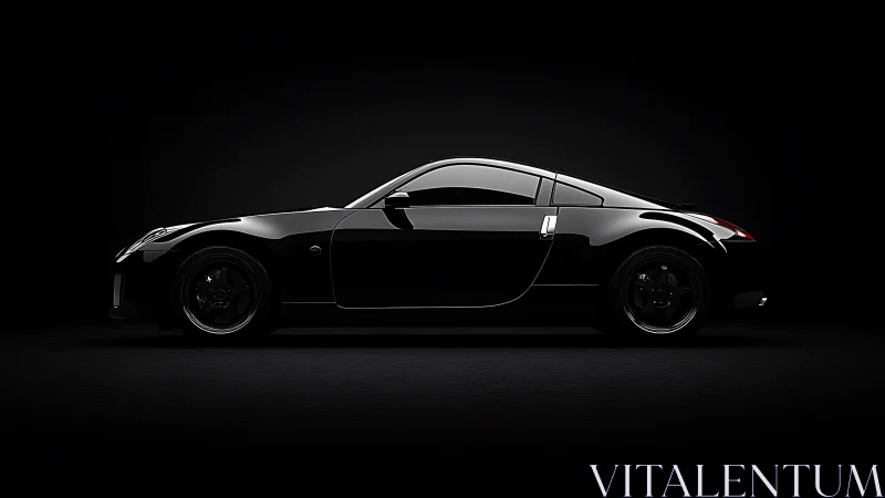Sleek black sports coupe glowing softly in the dark studio.