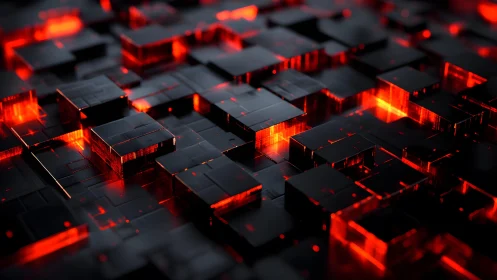 Futuristic black cubes with glowing red light in digital art style.