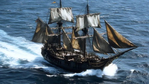 Three-masted square-rigged galleon under full sail in open sea