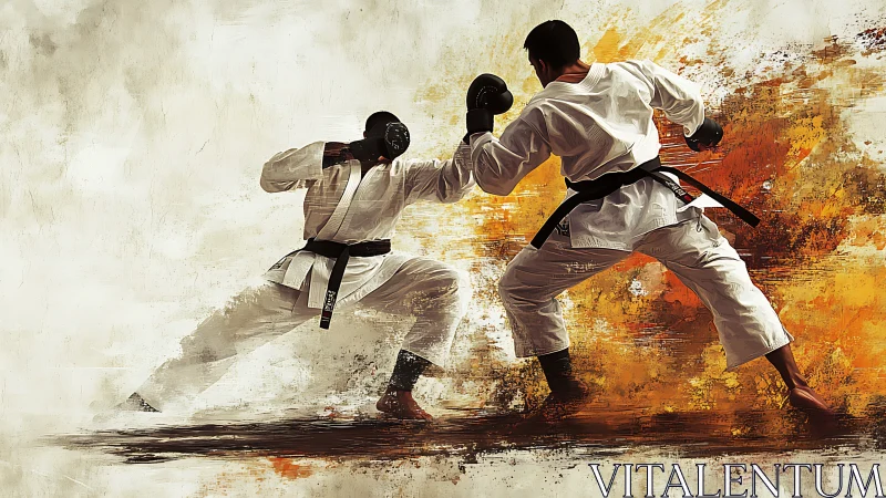 Karate practitioners sparring against abstract paint backdrop.