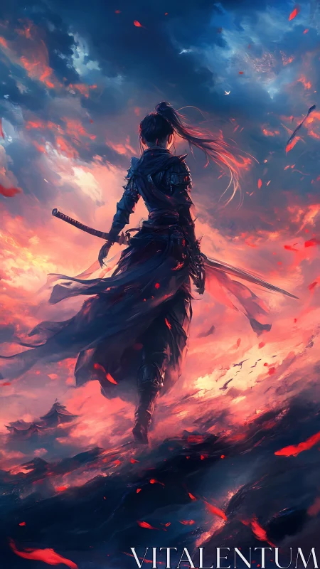 Lone samurai walks through fiery clouds and embers.