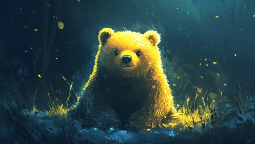 Backlit bear cub rendered with high-contrast nocturnal lighting