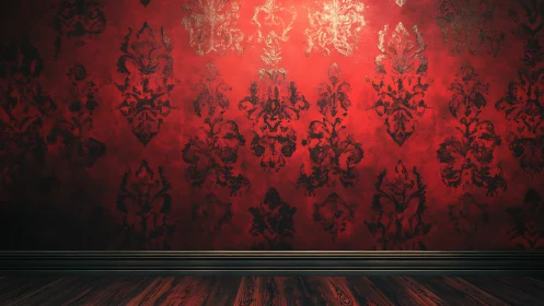 Red damask patterned wall with wood floor and baseboard.