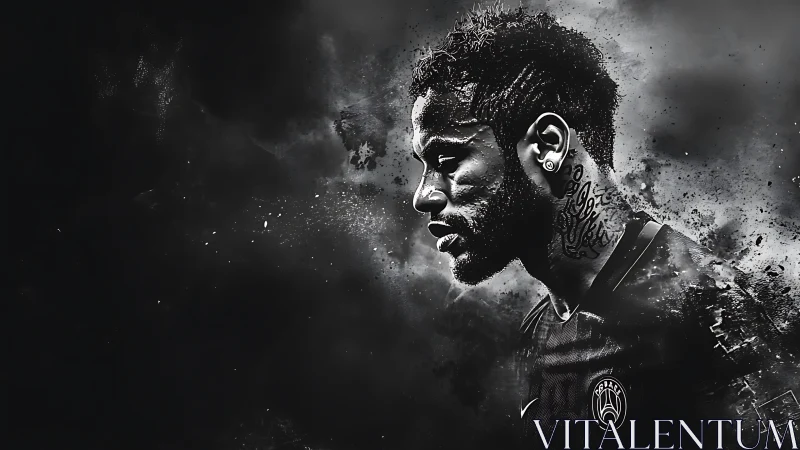 Monochrome digital portrait of soccer player in profile.