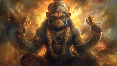 Mythic monkey warrior glows within blazing cosmic fire