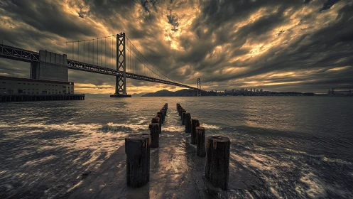Moody bay bridge at sunset under glowing stormy clouds.