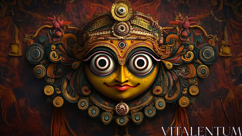 Radiant ceremonial mask beams with bold spiritual energy