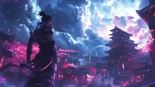Stormlit samurai gazes over neon-scorched sakura cityscape.