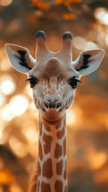 Photorealistic giraffe portrait with warm bokeh background.