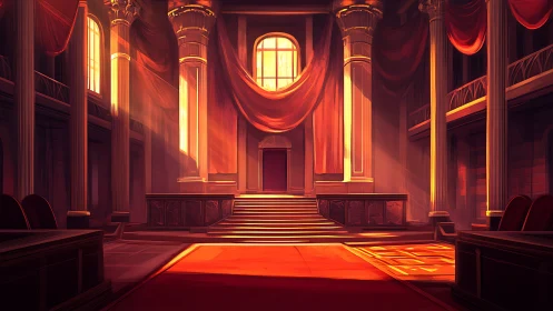 Sunlit interior of columned hall with central staircase.