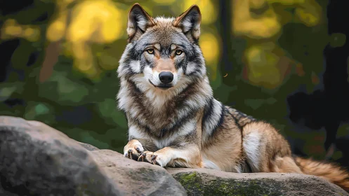 Gray wolf resting on rock ledge in soft forest light.