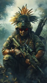 Hybrid jungle commando with ballistic rifle and ritual headdress.