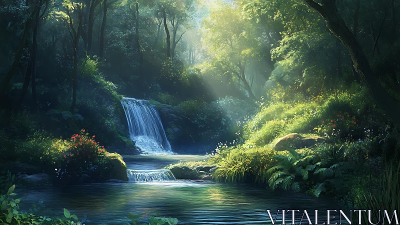 Luminous Forest Waterfall in Verdant Woodland.