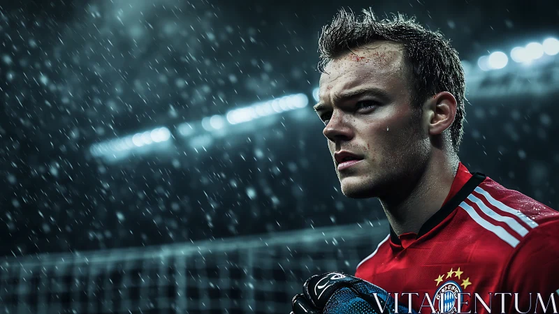Stormlit goalkeeper locked in focus under electric rain.