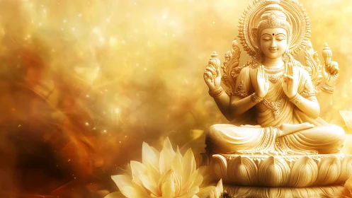 Radiant golden Buddha statue rests in serene lotus light
