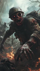 Undead soldier lunges through burning battlefield chaos