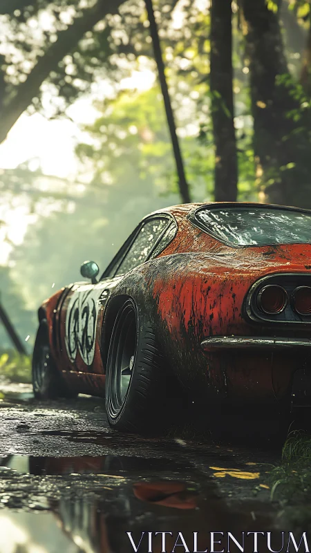 Weathered racing coupe in misted forest environment.
