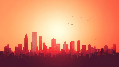 High-contrast vector skyline with radial gradient backlit sunset