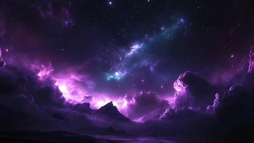 Starlit violet nebula crowns a distant mountain horizon