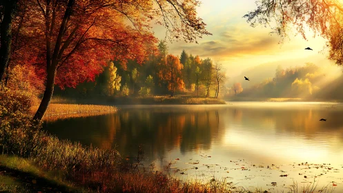 Calm autumn lake with golden light and distant forest trees.