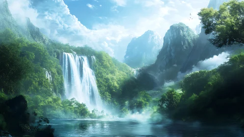 Misty mountain valley waterfall over lush emerald forest.