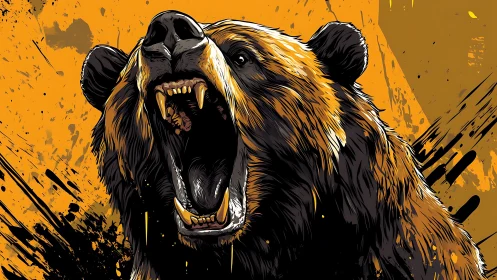 Roaring grizzly bear illustration on bold orange background.