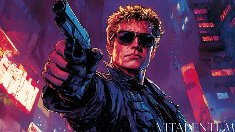 Neon-soaked vigilante aiming pistol in cyber city nightscape.