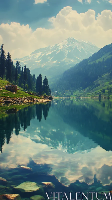 Snowcapped mountain reflects in tranquil alpine lake at sunrise