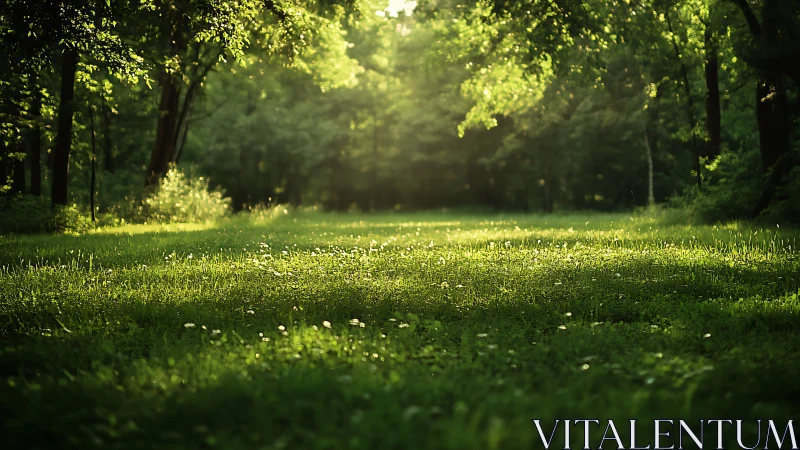 Sunlit woodland meadow whispers in drifting emerald light.