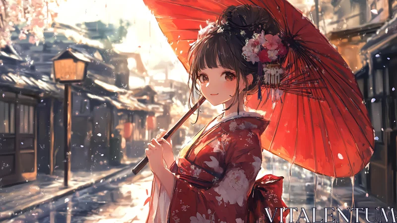 Kimono girl under red umbrella in old town street.