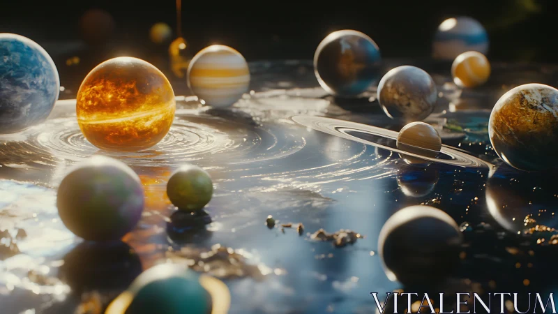 Miniature luminous planets on reflective cosmic liquid plane