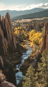 River flows between tall rock spires in autumn landscape