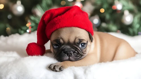 Pug puppy in red hat lies on white surface before tree